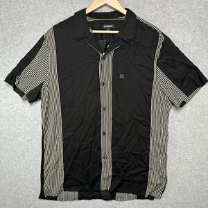 Express Mens Black Striped Short Sleeve Camp Collar Viscose Bowling Shirt Large